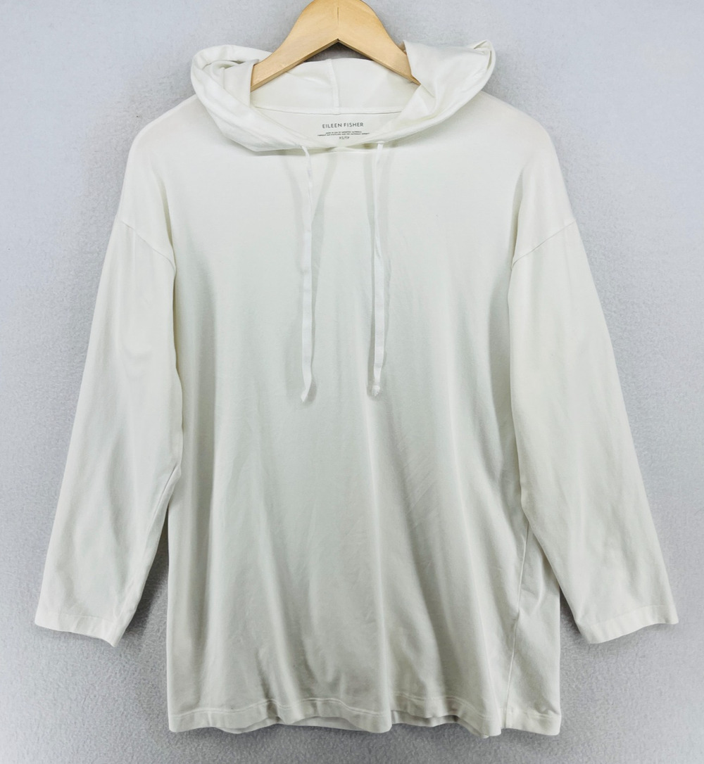 EILEEN FISHER Tunic XS Stretch Organic Cotton Jersey Hoodie Long Sleeve White